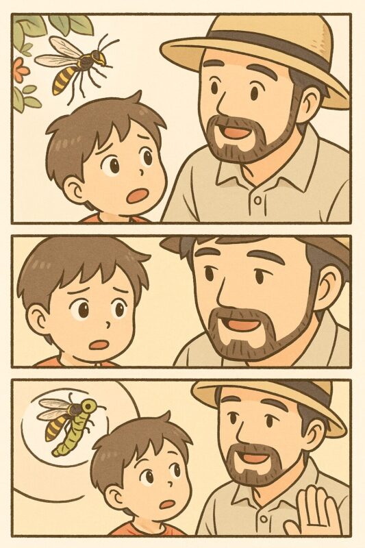 👦「あっ！」
👨‍🌾「大丈夫、アシナガバチはおそろしい虫ちゃうで」

⸻

👦「こわいよ、なんか…」

⸻👨‍🌾「むしろ、イモムシとかを食べてくれるねんで」

⸻👨‍🌾「むやみにさわらんようにしたら大丈夫や」